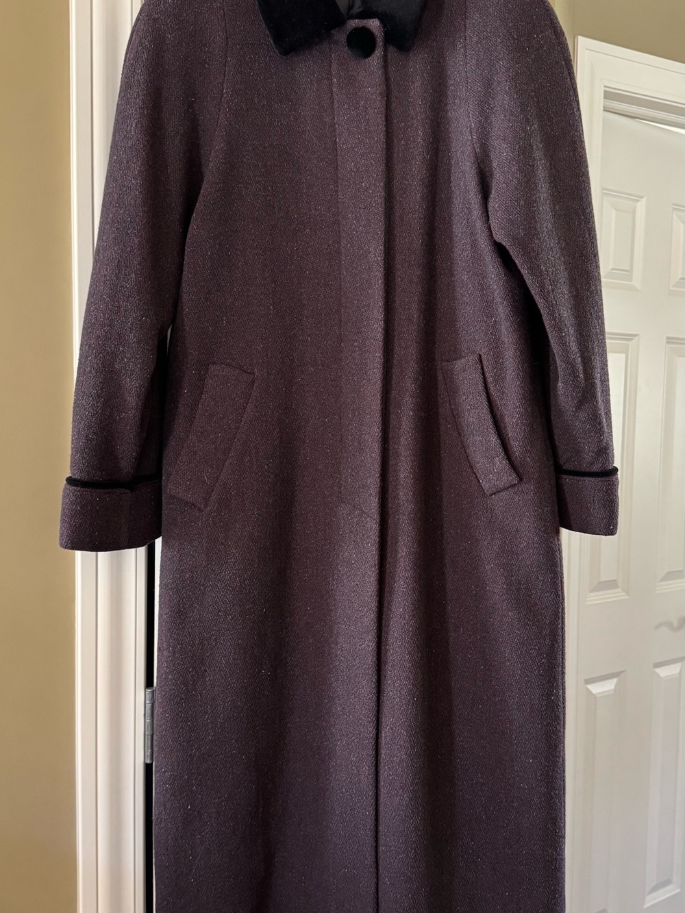 Women's Long Trench Coat in Dark Plum with Velvet Collar